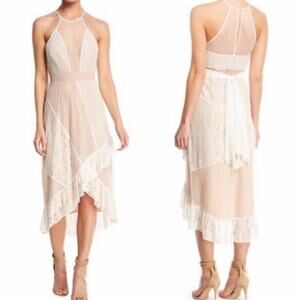 NWT LIKELY DRESS WHITE NUDE LACE EMBROIDERED BRIDAL WEDDING LORIMER HI LOW MIDI